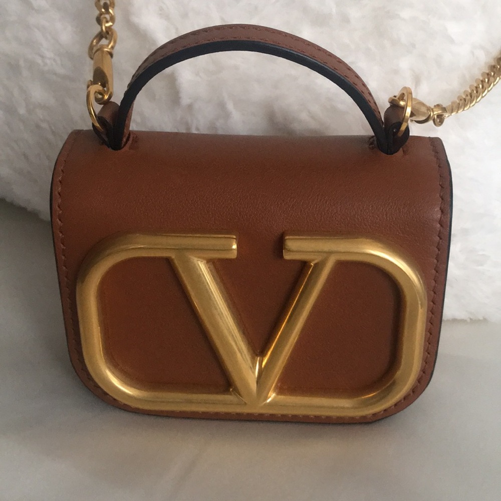 100% Authentic Valentino Calfskin Mini Supervee Vlogo Crossbody Tan Bag